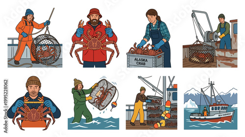 Illustrations depict the dedicated process of crab fishing and harvesting, showing skilled fishermen and fisherwomen catching, sorting, and transporting Alaskan king crabs.