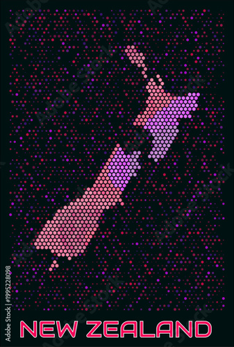New Zealand digital style hexagon map. Vibrant magenta purple pink neon dotted shape. Country tiny bright hexagon cells. New Zealand honeycomb map design. Modern Vector Illustration.