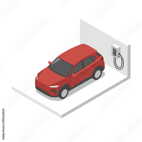 Red electric car in isometric garage, ideal for promoting clean energy, electric vehicles, sustainability, ecofriendly transportation, electric car charging stations.