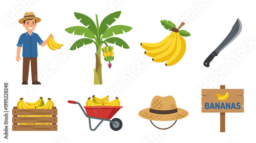 Happy banana farmer character with tropical fruit trees, harvesting tools, wooden crates, and signage in a flat vector design style