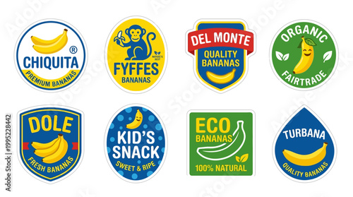 Collection of popular banana brand logos including Chiquita, Fyffes, Dole, Del Monte, and Organic Fairtrade.