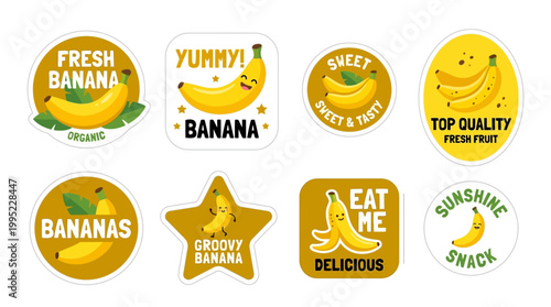 Collection of cheerful banana stickers promoting fresh, organic, sweet, tasty, delicious, and top-quality fruit options