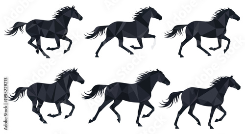 Billede på lærred Six black geometric horses running in a row