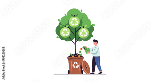 Cultivating an Eco-Friendly Future: Person Watering Sustainable Tree with Recycling Symbols from a Waste Bin