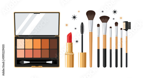 Set of professional makeup cosmetics including eyeshadow palette, red lipstick and brushes.