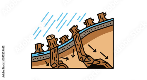 Soil erosion and landslide on a deforested slope illustration during heavy rain.