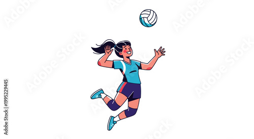 Female volleyball player jumping to hit the ball in a flat vector illustration