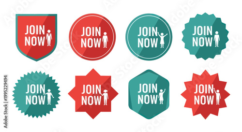 Set of join now membership buttons and registration icons for website or marketing