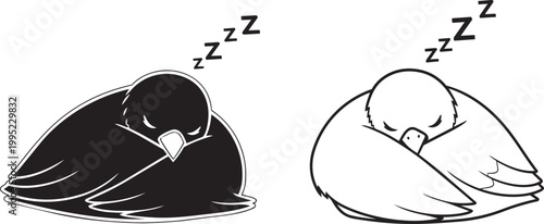 Black and white sleeping bird with zzz symbols isolated on a white background.