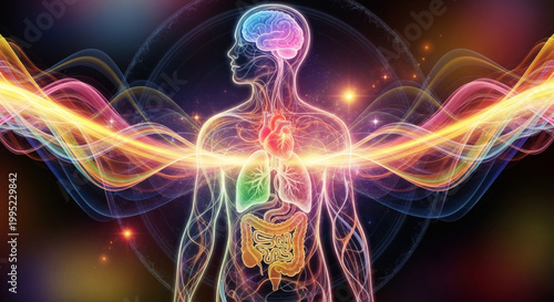 Abstract visualization of human anatomy and energy flow, symbolizing health and well-being