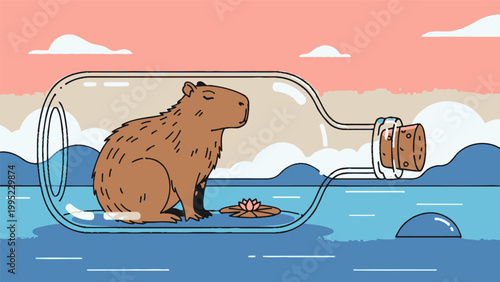 Capybara inside a glass bottle illustration.