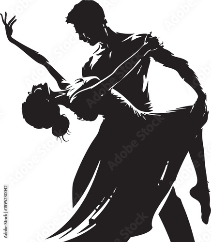 Elegant black and white silhouette capturing a dynamic tango dance moment. Ideal for romantic, cultural, or artistic projects in advertising, editorial, and lifestyle marketing.