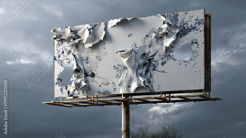 Billboard with peeling poster remnants. Distressed billboard with wrinkled surface under cloudy sky  