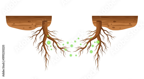 Cartoon plant roots in soil exchanging glowing green nutrients, representing ecological connections and underground networks.