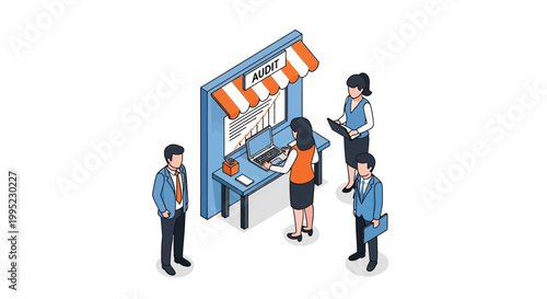 Isometric illustration of a real estate agents booth with clients.