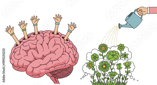 Illustration of an active brain with reaching hands and nurturing thoughts, symbolizing creativity, idea growth, and mental development.