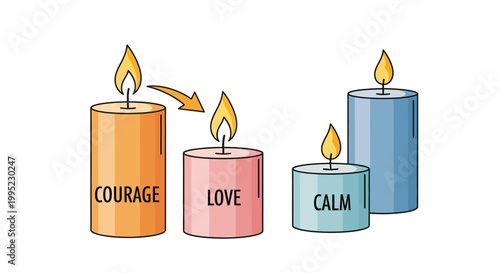 Conceptual illustration of Courage lighting Love, symbolizing inspiration, emotional connection, and inner calm with burning candles.