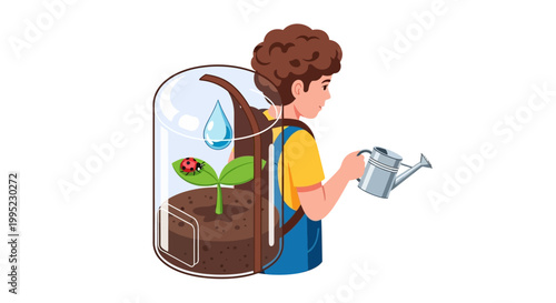 Young boy watering a plant growing inside a terrarium backpack, symbolizing environmental care, nature education, and sustainability.