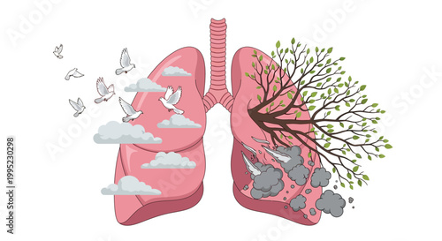 Symbolic Lungs: Clean Air & Healthy Respiration vs. Pollution & Disease, Environmental Impact on Respiratory System