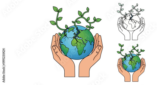 Sustainable future: Hands supporting cracked Earth with green sprouts, illustrating environmental care and global recovery