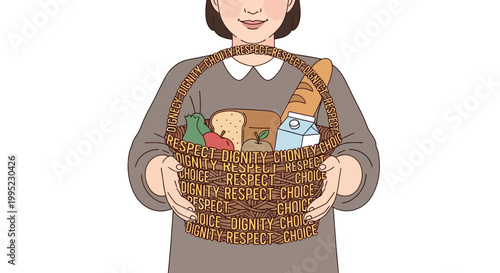 Conceptual illustration of an individual holding a food donation basket filled with essential groceries, emphasizing dignity, respect, and community support.