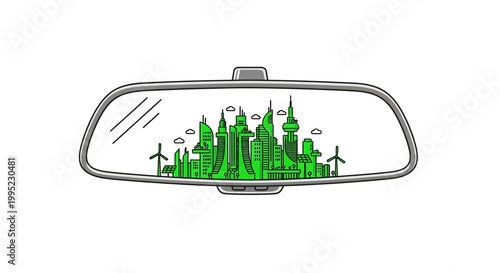 Sustainable green futuristic city reflected in a rear-view mirror. Eco-friendly urban development vision, clean energy future.