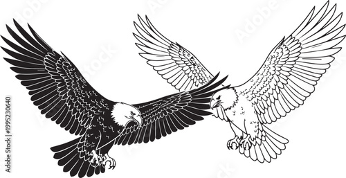 Two eagles flying toward each other in majestic black and white minimalist line art vector background.