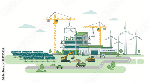 Eco-friendly construction site with renewable energy sources illustration