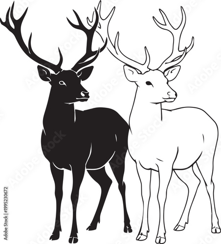 Two deer with antlers, one black filled and one white outline, standing.