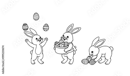 Cute Easter bunnies juggling carrying and collecting eggs black and white line art vector for kids coloring page