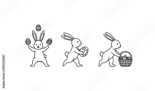 Minimal Easter bunnies set with juggling carrying and collecting eggs black and white outline vector for coloring activity