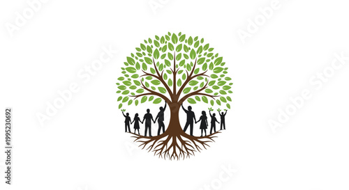 Family tree with people silhouettes and green leaves.