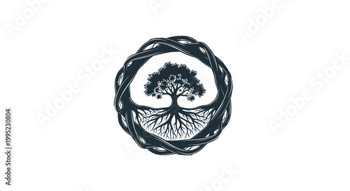 Stylized Tree of Life with Roots and Branches in Circular Frame.
