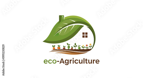 Eco Agriculture Logo with Green Leaf House and Garden.