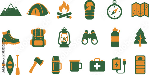 Colorful camping equipment vector icons set representing essential travel tools for outdoor adventure activities and wilderness exploration