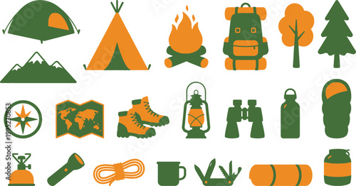 Flat vector icon set featuring camping gear like tents, backpacks, lanterns and survival tools for outdoor adventures