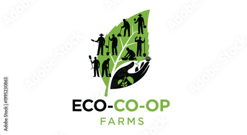 Eco-Co-Op Farms logo with people silhouettes on a leaf and a hand.