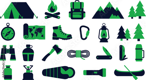 A vibrant collection of flat design outdoor adventure and camping icons featuring essential equipment for nature exploration.