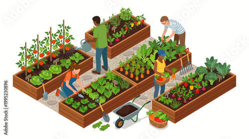 Community garden with diverse people tending vegetable plots
