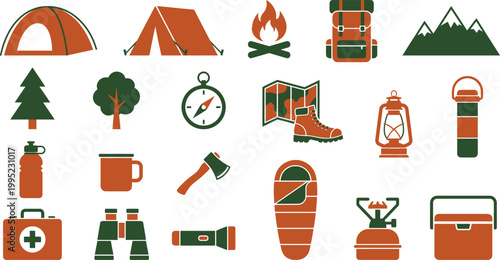 A comprehensive collection of essential camping and outdoor adventure gear icons for nature exploration.