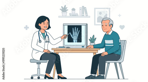 Doctor explaining X-ray results to elderly patient in medical office