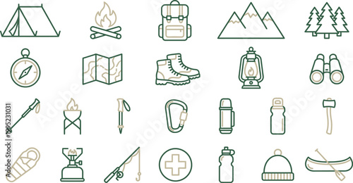 Collection of minimalist outline icons for outdoor adventure activities, featuring essential camping, hiking, and travel equipment