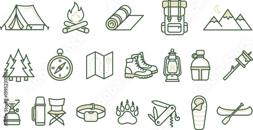 Camping gear icons including a tent, campfire, backpack, boots, and sleeping bag