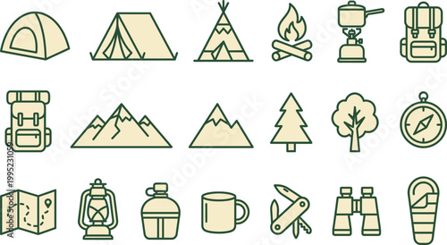 Camping gear icons illustrating outdoor adventure including tents, backpacks, and navigation tools