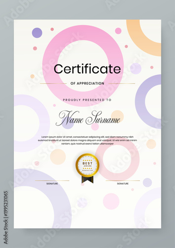 Vertical layout certificate of appreciation with a creative pastel circle design and golden nomination badge