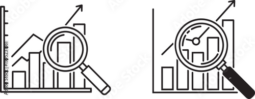 Business growth analysis chart with magnifying glass icon set for financial data tracking and review.