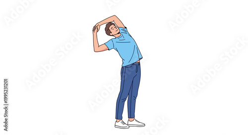 Young man doing a side bend stretch with arms overhead.