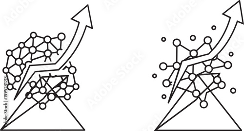 Data network growth concept with upward arrow and connected node clusters representing digital scaling.