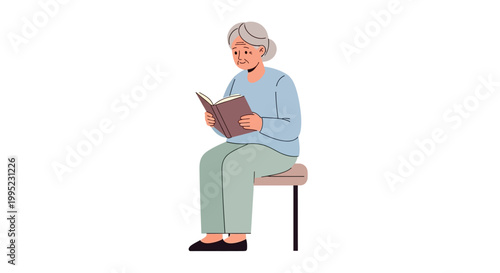 Elderly woman sits on a stool and reads a book.