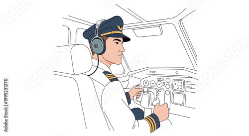 Male pilot in uniform flying an airplane from the cockpit illustration